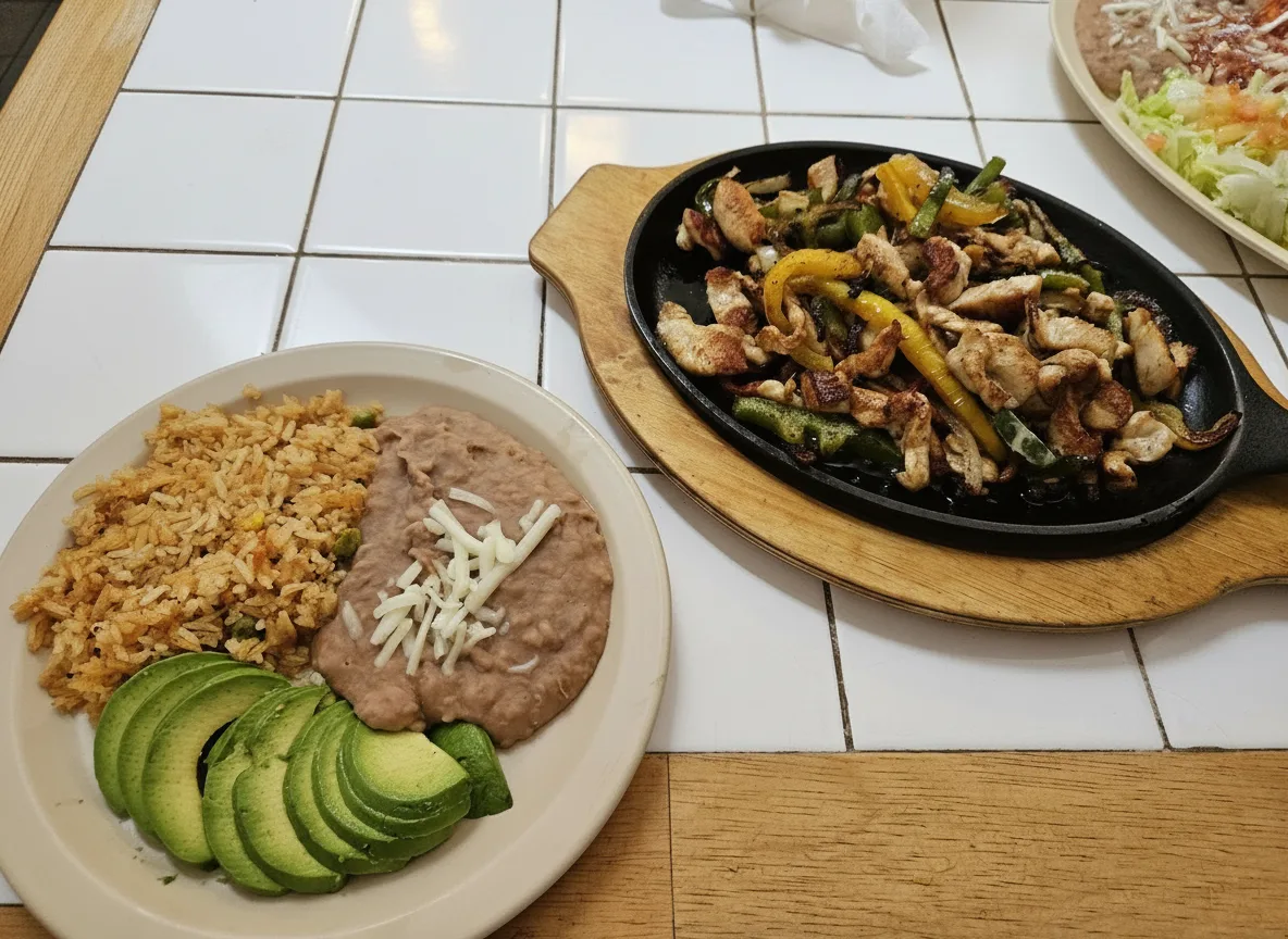 Chicken fajitas with rice, beans and sliced avocado on the tile table