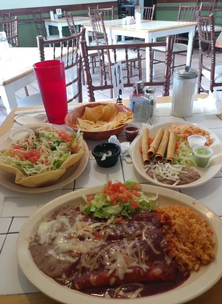 A table with chips, salsa, a taco salad, flautas and enchiladas