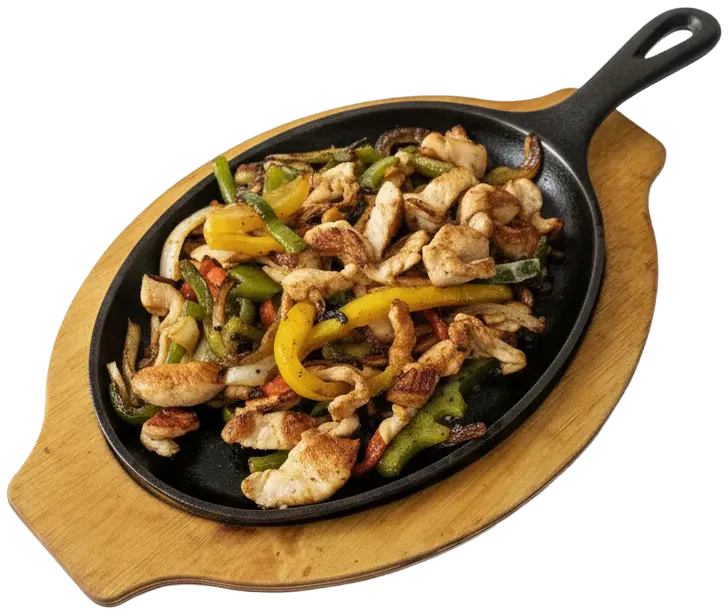 Chicken fajitas on a cast-iron skillet