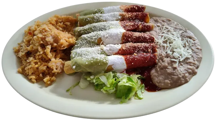 Flautas topped with red and green salsa and crema, with rice and beans