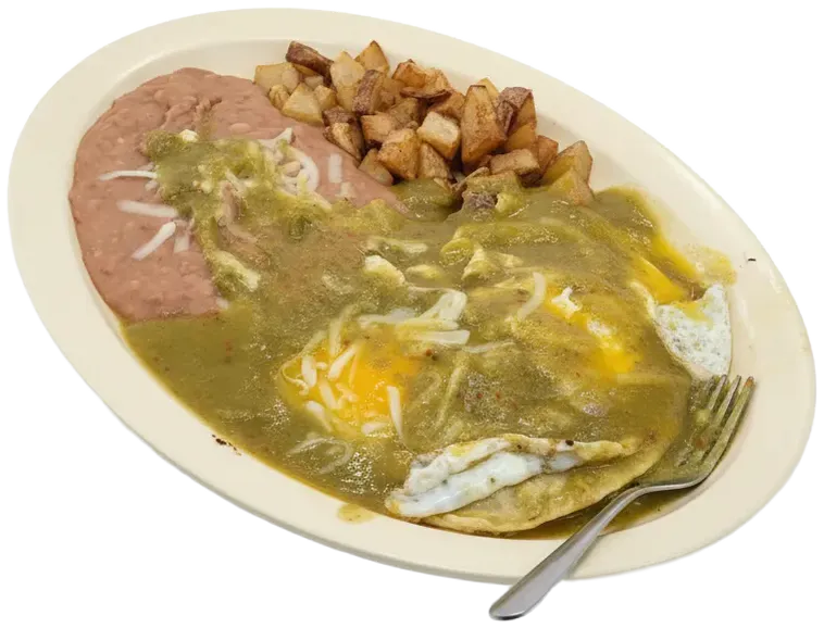 Eggs smothered in green salsa with refried beans and country potatoes