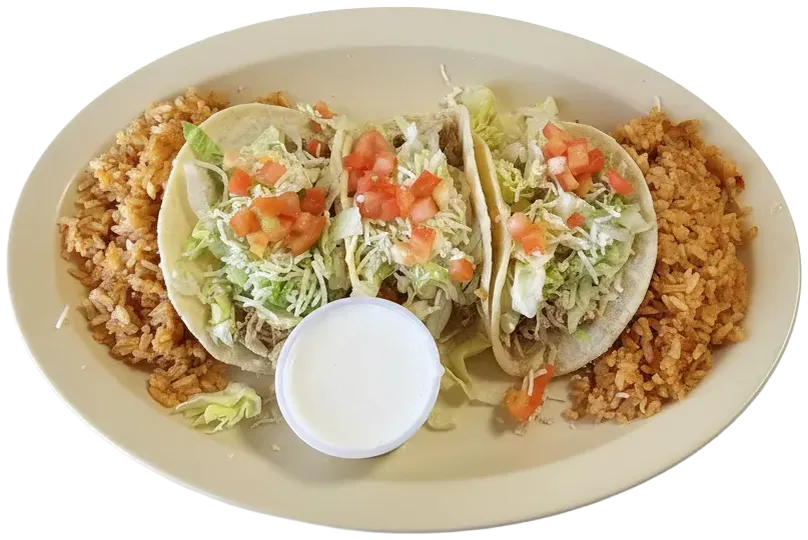 Three soft tacos with lettuce, tomato and crema, with rice